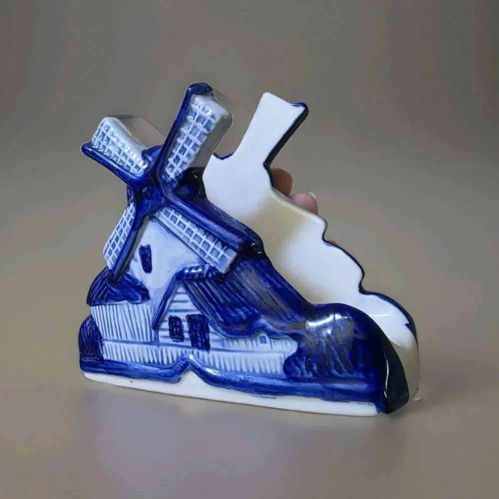 Vintage Delft Blue Holland Blue and White Windmill Shaped Napkin Holder